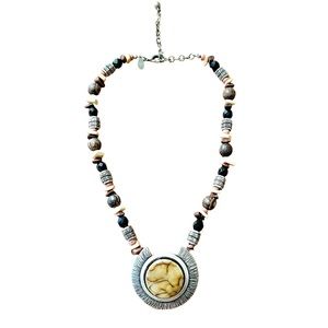 Chico's Wood & Glass Beaded Faux Stone Pendant Necklace